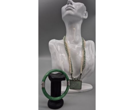 Vintage Jade mounted bangle with white metal supports together with Vintage Jade ingot silver 925 mounted pendant set with Ja