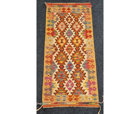 Hand Knotted Chobi Kilim runner rug. Yellow ground. [150x66cm] 