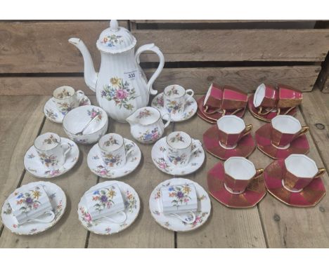 Tray of Royal Worcester and Royal Doulton coffee sets; R.W. "Roanoke" pattern coffee set &amp; R..D. Red and gilt floral desi