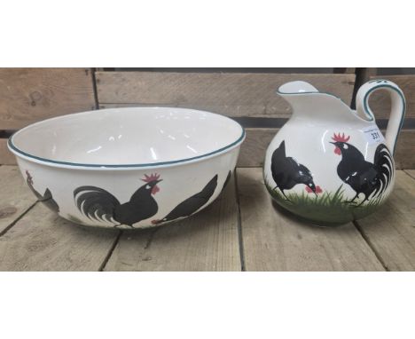Griselda Hill Pottery Wemyss black cockerel pattern water jug and bowl. 