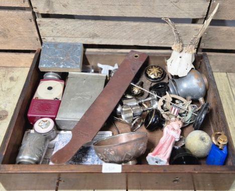 A Crate of vintage collectables; Antler horns, American Eagle belt buckle, plated cherub cup &amp; other items