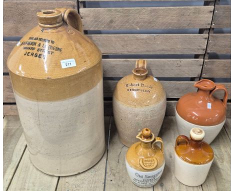A collection of antique stone ware Flagons &amp; whisky decanters ; Large Stoneware Jeaffreson &amp; Le Quesne Flagon , Rober