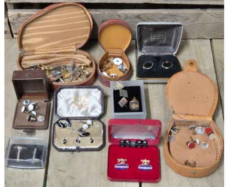 A collection of vintage cufflinks; Masonic cufflinks, antique cuff links in fitted box &amp; many more