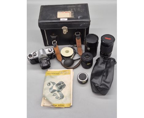 A collection of camera equipment; Pentax SP500 Asahi camera &amp; various lenses Jessops 67mm lens, Prinzflex lens &amp; othe