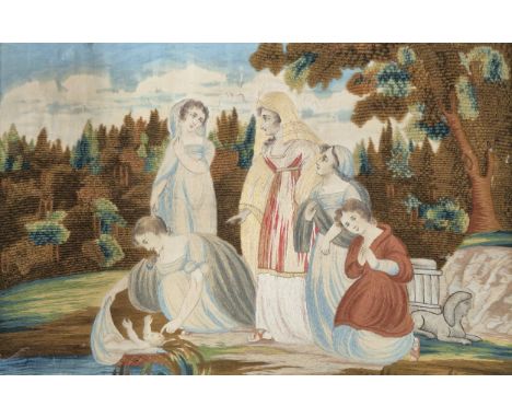 Large Georgian Silkwork tapestry depicting various women and baby down by the water. Fitted within a Rosewood and gilt frame.