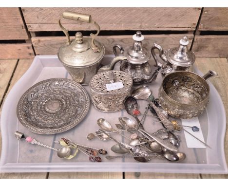 A Tray of Eastern plated wares &amp; antique white metal spoons; eastern tea pots, tea caddy, Burmese style plate &amp; vario