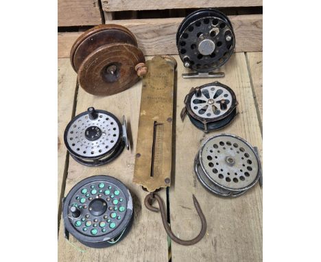 A collection of antique fishing reels &amp; Brass salter no2 scales 