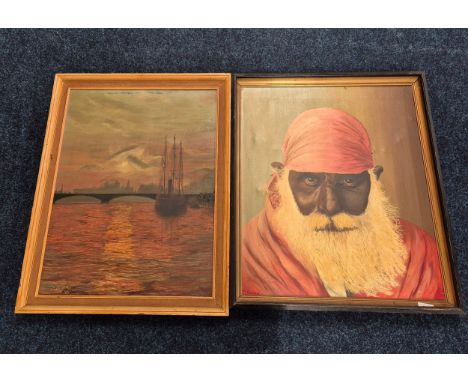 Two oil paintings; Ship docking scene &amp; Vintage portrait of a bearded man. Signed [JT Goodsir dated 68 &amp; 85] 
