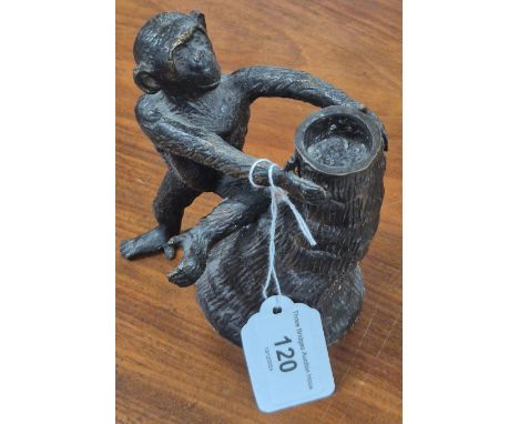 Bronze monkey and tree stump sculpture candle holder. [13cm high] 