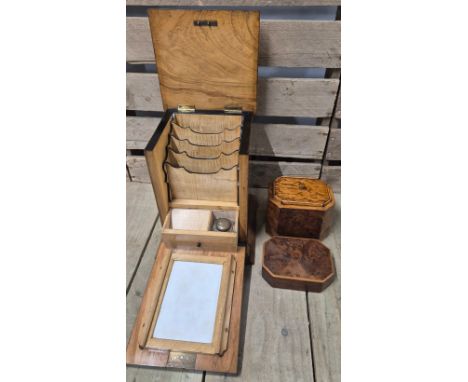 19th century fine and rare Victorian olive wood and satinwood stationary box. Circa 1860. Together with a burr walnut tea cad