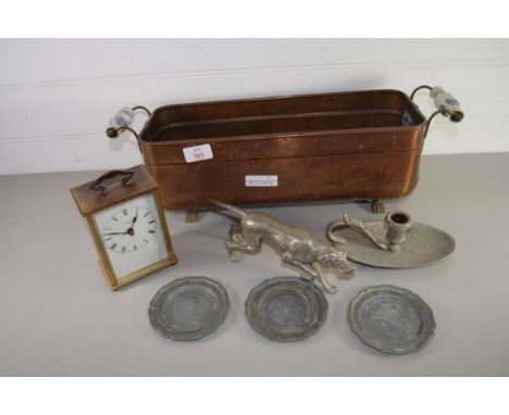 COPPER PLANTER WITH A CARRIAGE CLOCK AND A MODEL OF A DOG