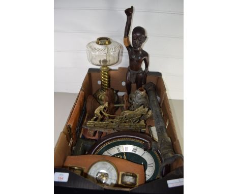BOX CONTAINING METAL WARES, OIL LAMP WITH GLASS SHADE, MANTEL CLOCK, BAROMETER ETC