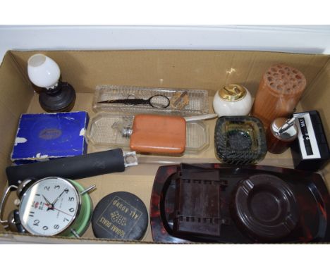 BOX CONTAINING ALARM CLOCK, ASH TRAYS, SMALL BAKELITE CALENDAR, PLATED LETTER OPENER MARKED H DE VIE 22 APRIL 42 ETC