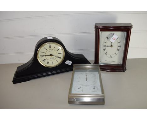 TWO MANTEL CLOCKS&nbsp;BAROMETER TOGETHER WITH A THERMOMETER AND HYGROMETER IN METAL CASE