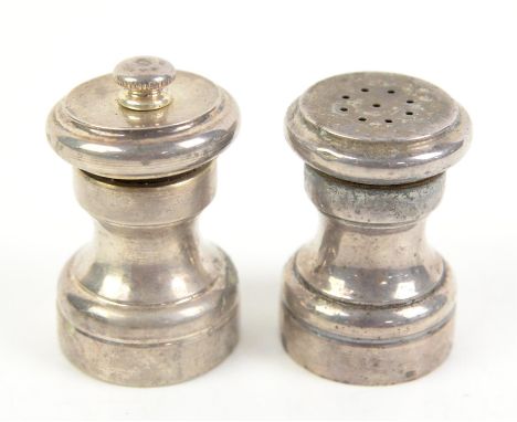 Sterling silver salt grinder and pepper cruet set of capstan formCondition Report:  Salt stamped Revere Silversmiths Sterling