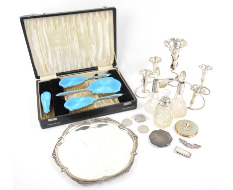 Silver and blue guilloche enamel dressing table set, cased, plated epergne, silver U.S. Air Force Pilot Wings, Festival of Br