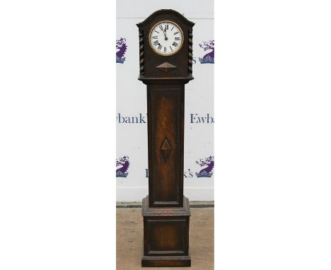 Oak miniature longcase clock with barleytwist columns, walnut tripod table and two turned elm stools (4) 