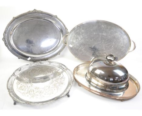 Victorian silver plated circular serving tray with pierced border and engraved decoration by Henry Wilkinson & Co, 45cm dia. 