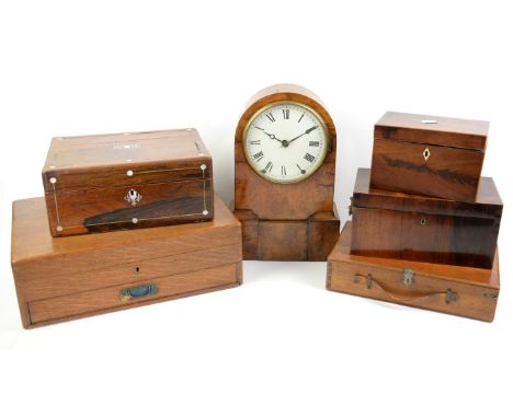 Part canteen of bone and mother of pearl handled cutlery, rosewood tea caddy, mahogany tea caddy, (both lacking fittings), wa