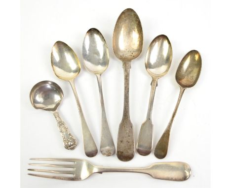 Selection of 19th century Scottish and English silver flatware to include a caddy spoon, 322g,