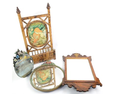 George III style fret framed mirror, two flower encrusted circular mirrors and a Japanned bamboo wall shelf, (4),