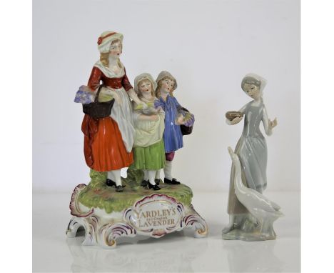 Yardley Old English Lavender advertising ceramic group of Flower seller with two children, Royal Dux Czech white porcelain El