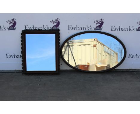 1920s mahogany frame oval wall mirror, with ribbon tie reeded frame, 61 x 96 cm, and another rectangular wall mirror, 66 x 56
