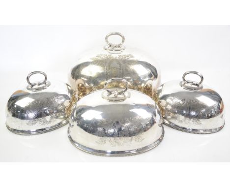 Set of four Victorian silver plated meat domes with fern decoration by Henry Wilkinson & Co, 1 x 41cm, 1 x 31cm, 2 x 26cm