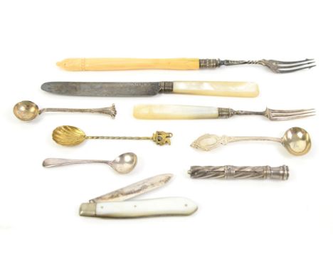 PLEASE NOTE: Pickle fork withdrawn from lot. Folding silver and mother of pearl fruit knife, a silver pencil and other silver