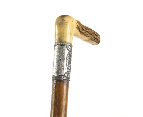 Silver mounted presentation walking stick with antler handle, (Presented to E. Pyle by the inhabitant of WATERLOOVILE & STAKE