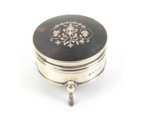 Silver and tortoiseshell trinket box on three feet with pique inlaid lid, Birmingham, 1912