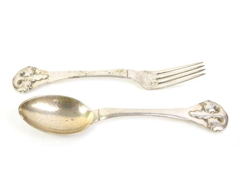 Danish silver large christening set comprising of fork and spoon with light hammered finish by Bjerregaard marked Christian F