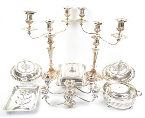 Entree dish and cover by Harrison Brothers & Howson, two oval entrée dishes, various other dishes, a pair of three light cand