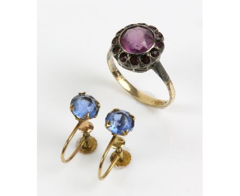 9ct gold shank ring with amethyst in silver mount, and a pair of 9ct gold earrings, total 3.83g