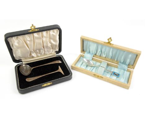 Cased two piece silver christening set and a cased silver and enamel spoon,