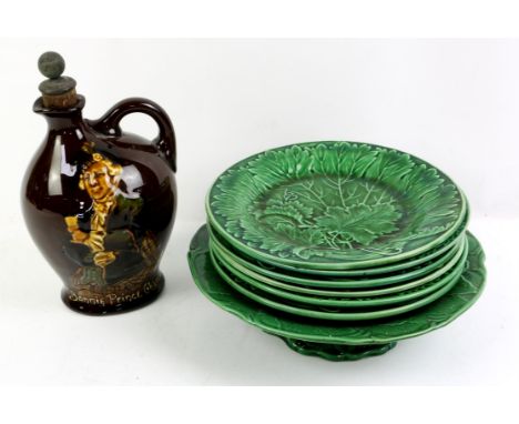Royal Doulton Bonnie Prince Charlie, Dewars Whisky flask and a quantity of cabbage ware plates