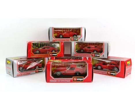 Collection of seven boxed Burago 1/24 scale model cars, to include: Ferrari 250 GTO (1962), Ferrari GTO (1984), Ferrari Testa