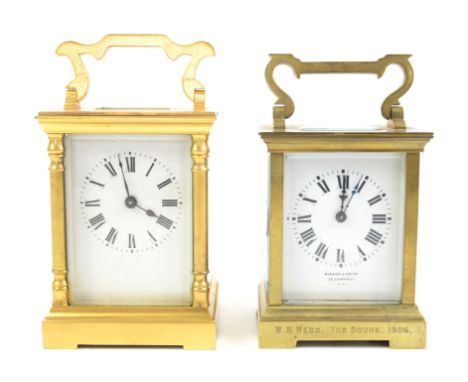 Presentation carriage clock with lever movement by Barber & Smith, 13.5cm high, and another with barrel movement, 14.5cm high