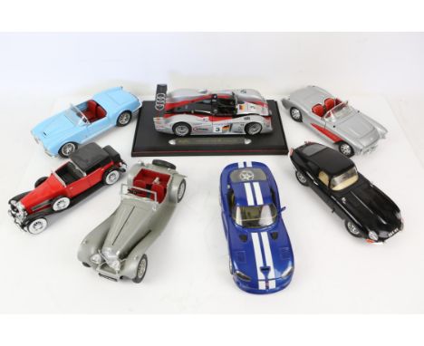 Collection of Burago and Maisto mostly 1:18 scale model cars, to include Infineon Audi R8 Le Mans 2002, Lancia Aurelia B24 Sp