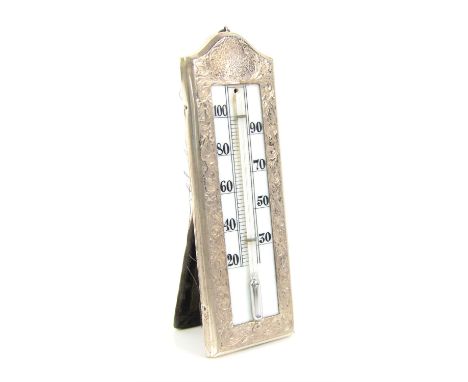 Silver framed desk thermometer with floral and scroll bright-cut design