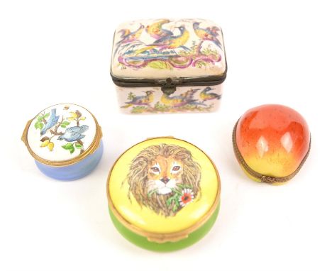 19th century enamelled box decorated with birds (heavily restored) base marked 'AP', 7.5cm wide, Bilston enamel 'The Lion Flo