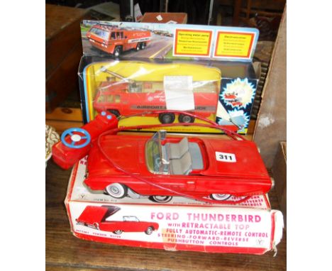 Japanese tinplate Ford Thunderbird push-button remote control car with retractable top (original box), and a Corgi Chubb Path