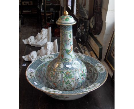 19th c. Chinese famille vert lidded water bottle with matching wash basin (with hairline crack to basin)