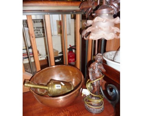 Clockwork brass roasting jack, copper mixing bowl and a kitsch lamp with glass shade