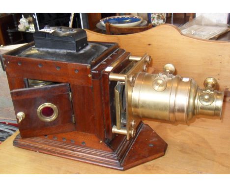 Victorian magic lantern in original condition with brass oil lamp mechanism, c.1890s