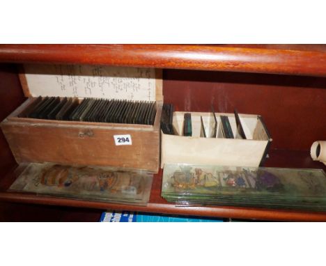 Collection of humorous hand painted lantern slides in the manner of American folk artist Lewis Miller and a collection of ass