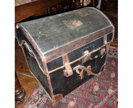 Large Victorian leather travel trunk with fitted interior. Made by Louis Trevett of Bridport