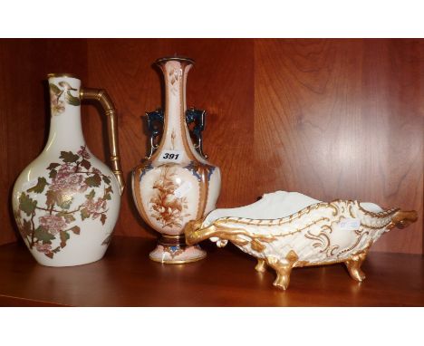 Royal Worcester two-handled vase, Hadley (A/F), a Royal Worcester gilded dish and a similar pitcher