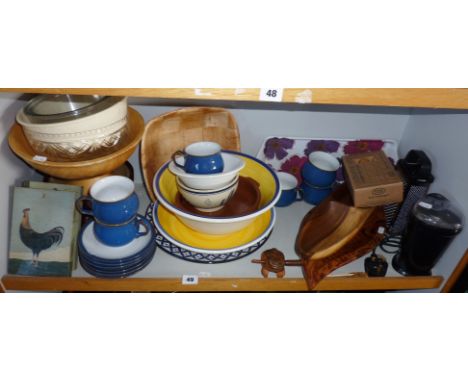 Blue Denby Stoneware cups and saucers, wooden items etc (one shelf)