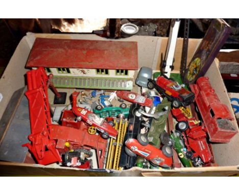Box of vintage diecast and tinplate Railway items - makers include Dinky, Corgi and Hornby